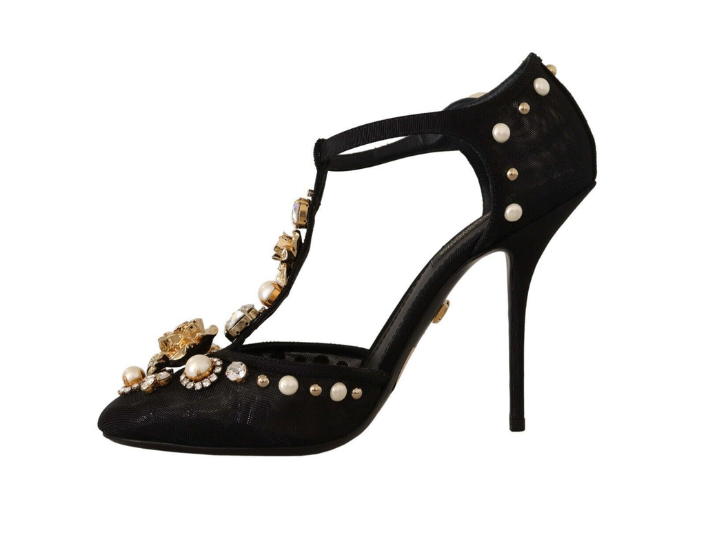 Dolce & Gabbana Black Faux Pearl Crystal Vally Heels Sandals Shoes Dolce & Gabbana