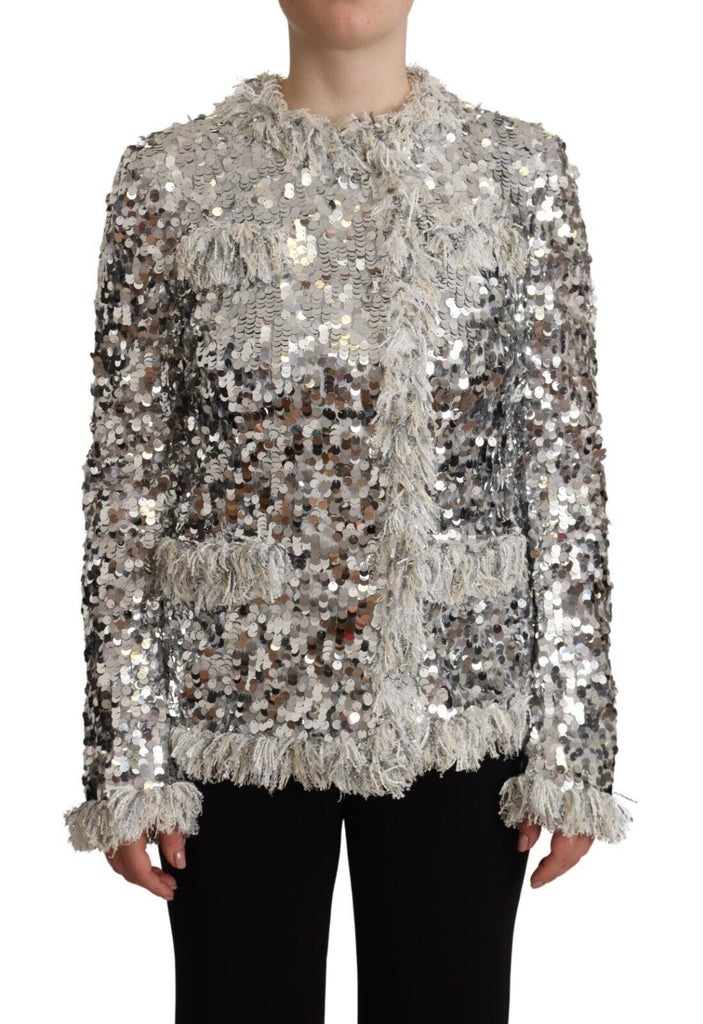 Dolce & Gabbana Silver Sequined Shearling Long Sleeves Jacket Dolce & Gabbana