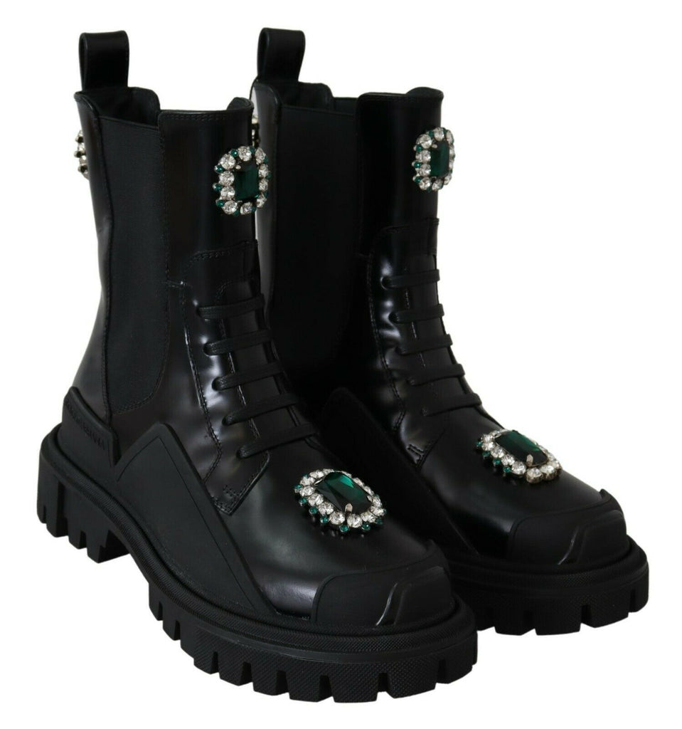 Dolce & Gabbana Black Leather Crystal Combat Boots Dolce & Gabbana