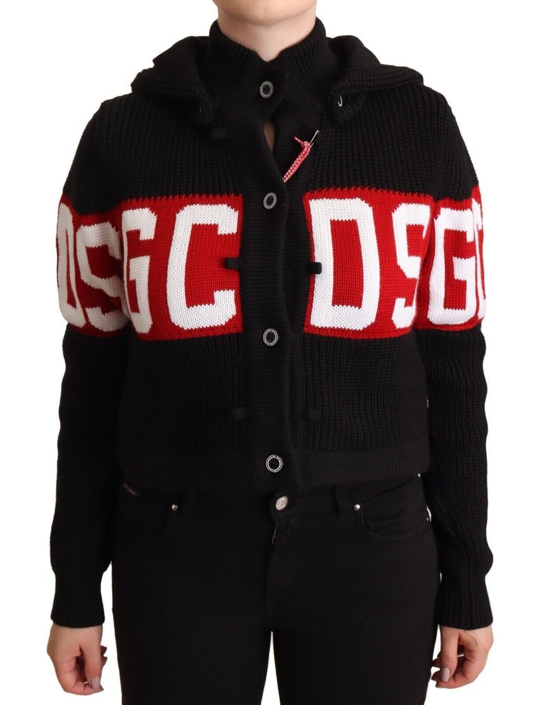 GCDS Black Cashmere Hooded Button Down Logo Cardigan Jacket GCDS