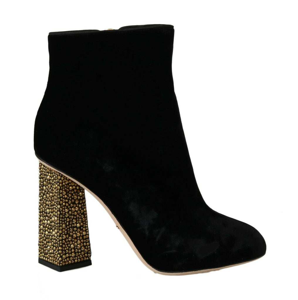 Dolce & Gabbana Black Velvet Crystal Square Heels Shoes Dolce & Gabbana