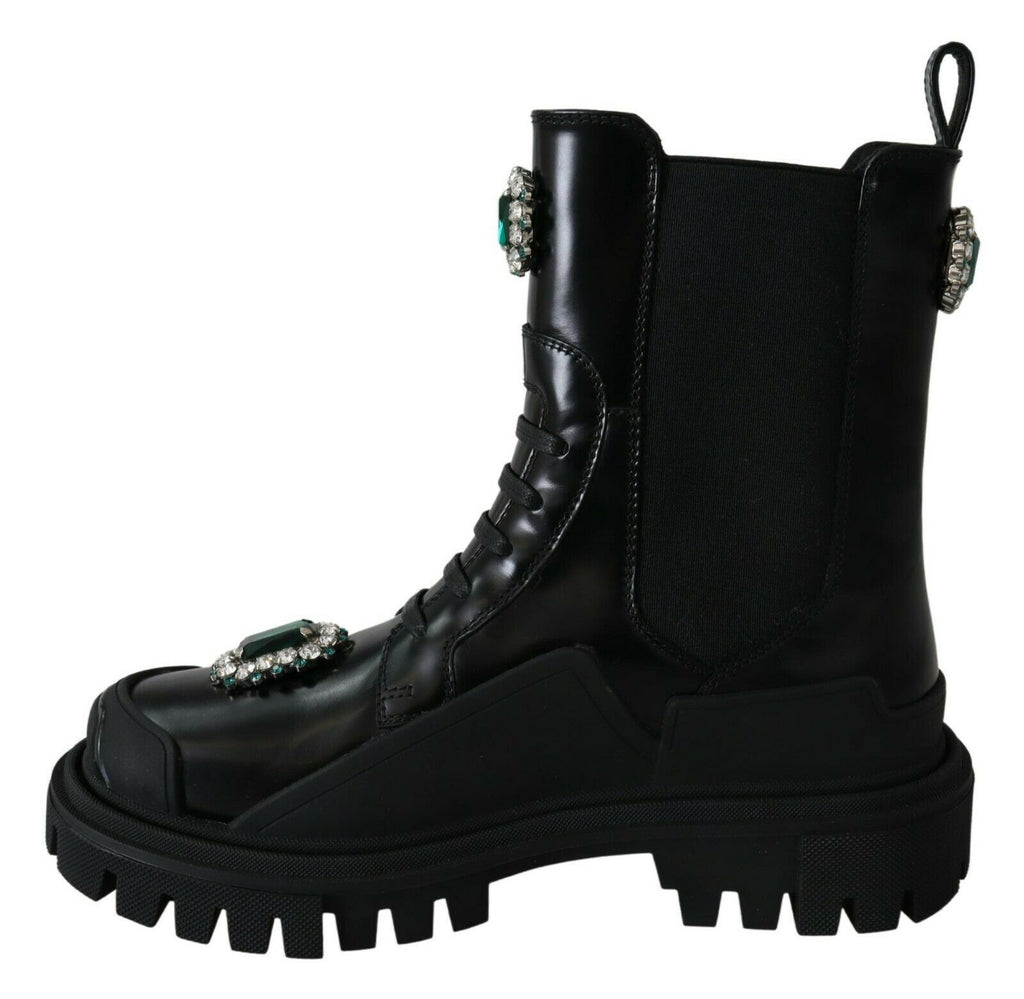 Dolce & Gabbana Black Leather Crystal Combat Boots Dolce & Gabbana