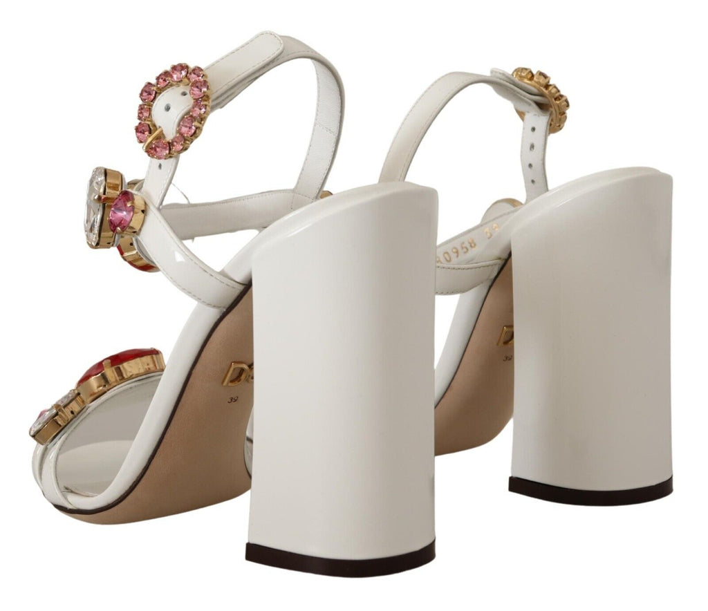 Dolce & Gabbana White Leather Crystal Keira Heels Sandals Shoes Dolce & Gabbana