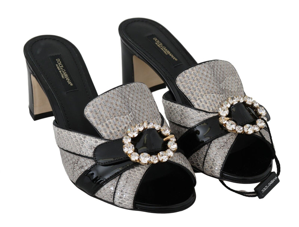 Dolce & Gabbana Black Gray Exotic Leather Crystals Sandals Shoes Dolce & Gabbana