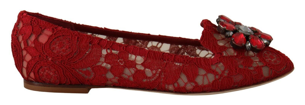Dolce & Gabbana Red Lace Crystal Ballet Flats Loafers Shoes Dolce & Gabbana
