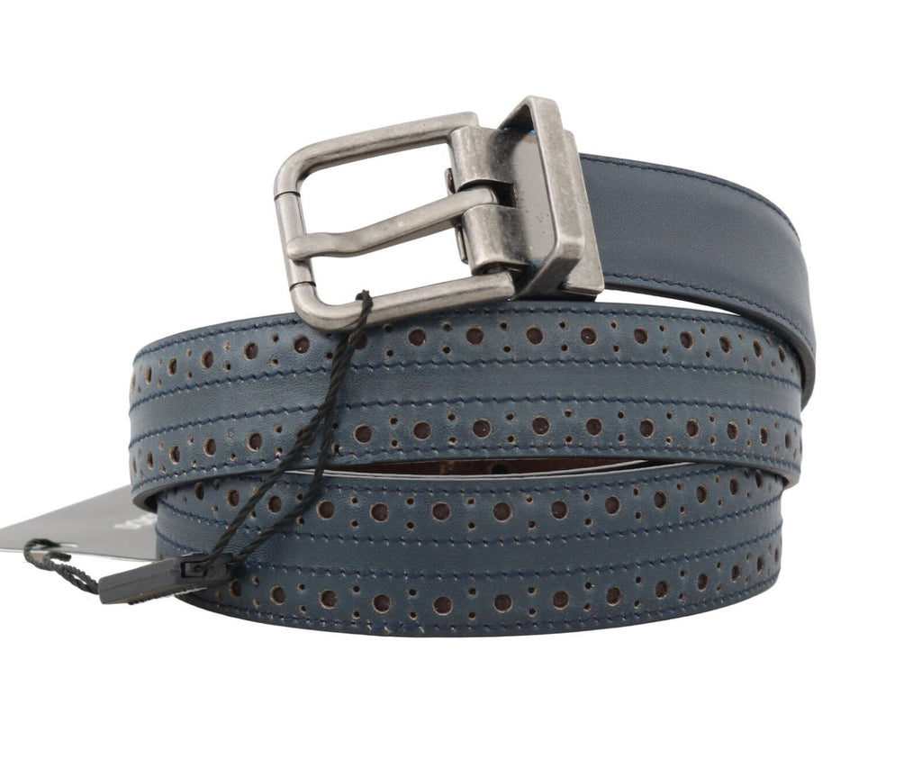 Dolce & Gabbana Blue Perforated Leather Gray Buckle Belt - Luxe & Glitz