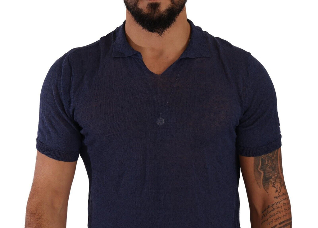 Daniele Alessandrini Navy Blue Linen Collared T-shirt Daniele Alessandrini