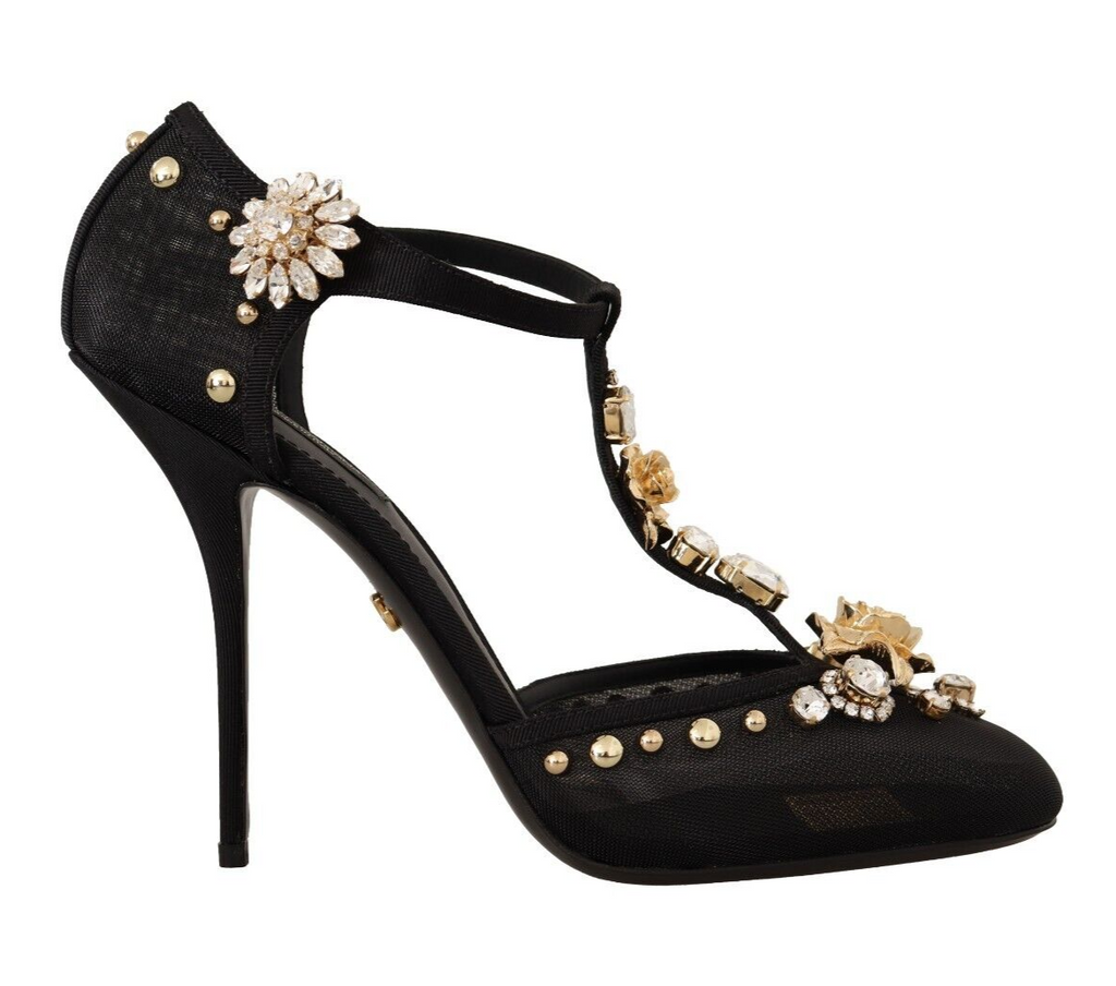 Dolce & Gabbana Black Mesh Crystals T-strap Heels Pumps Shoes Dolce & Gabbana