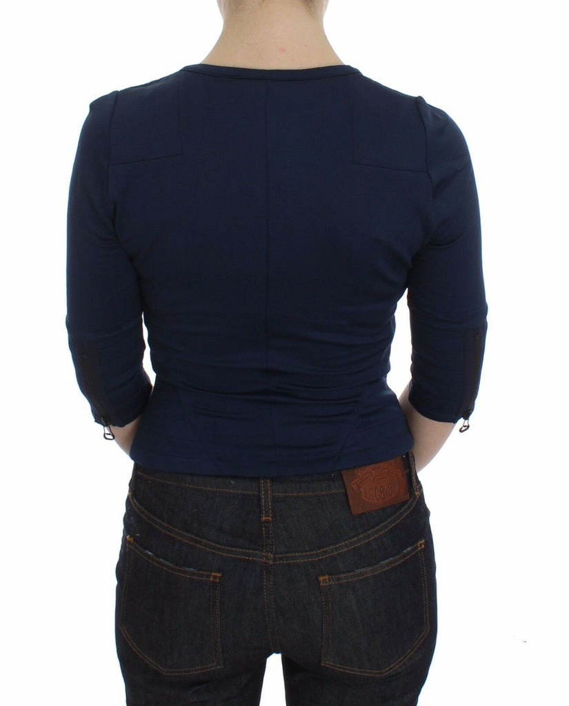 Exte Blue Cotton Top Zipper Deep Crew-neck Sweater - Luxe & Glitz