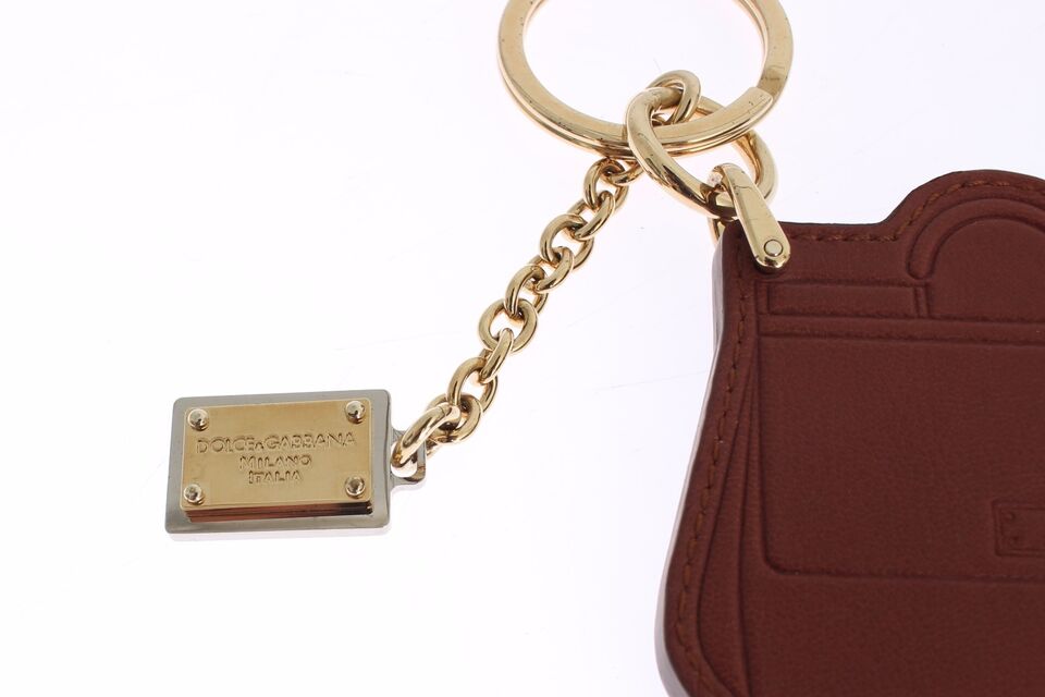 Dolce & Gabbana Brown Leather Miss SICILY Gold Finder Chain Keychain - Luxe & Glitz