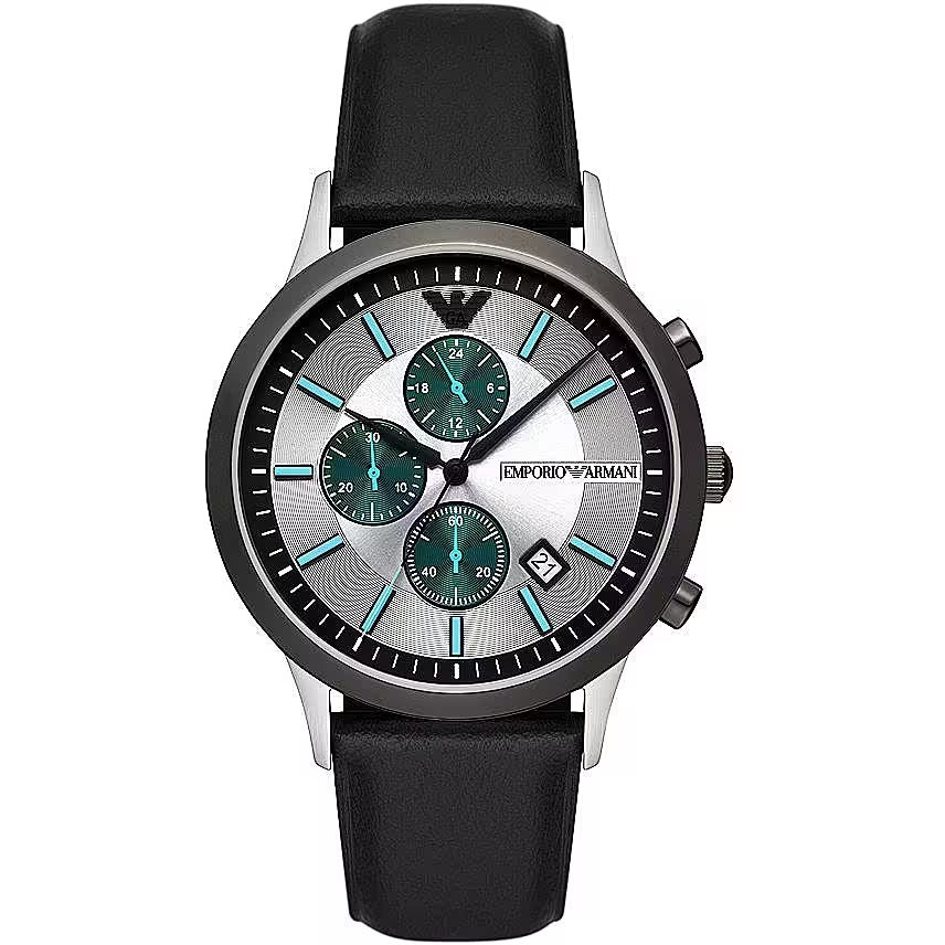 Emporio Armani Black Leather and Steel Chronograph Watch Emporio Armani