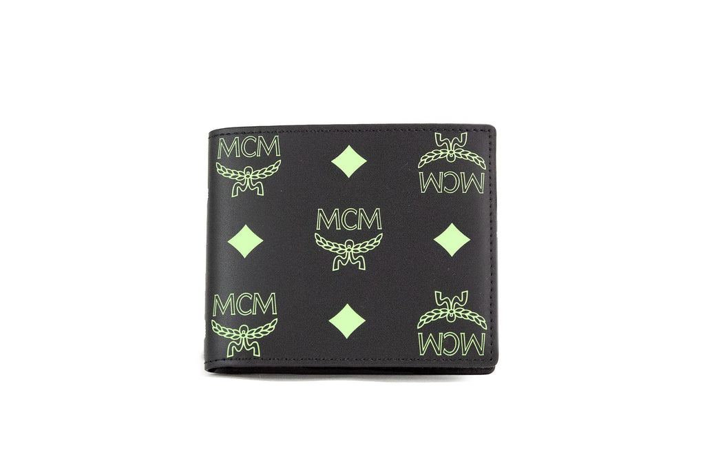 MCM Small Black Summer Green Smooth Visetos Monogram Logo Leather Bifold Wallet MCM